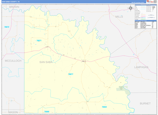 San Saba County, TX Zip Code Wall Map